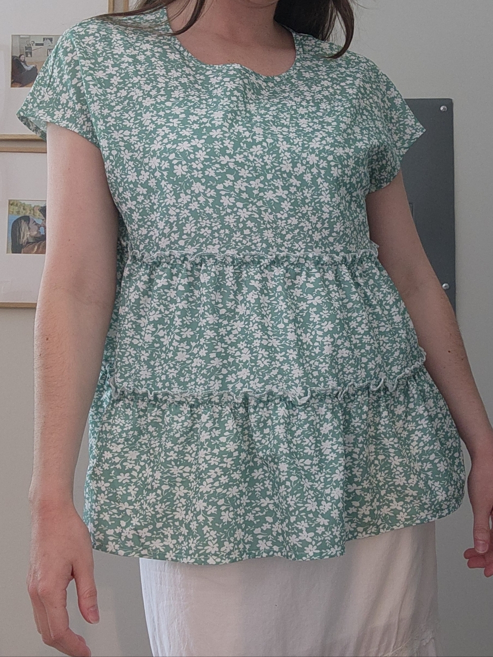 Green And White Ditsy Floral Tiered Women's Top